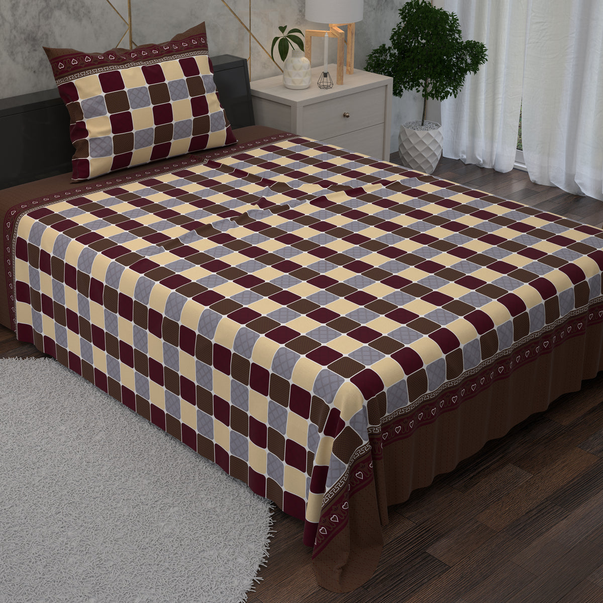 Light Beige Geometric Grid Pattern Bedsheet Set