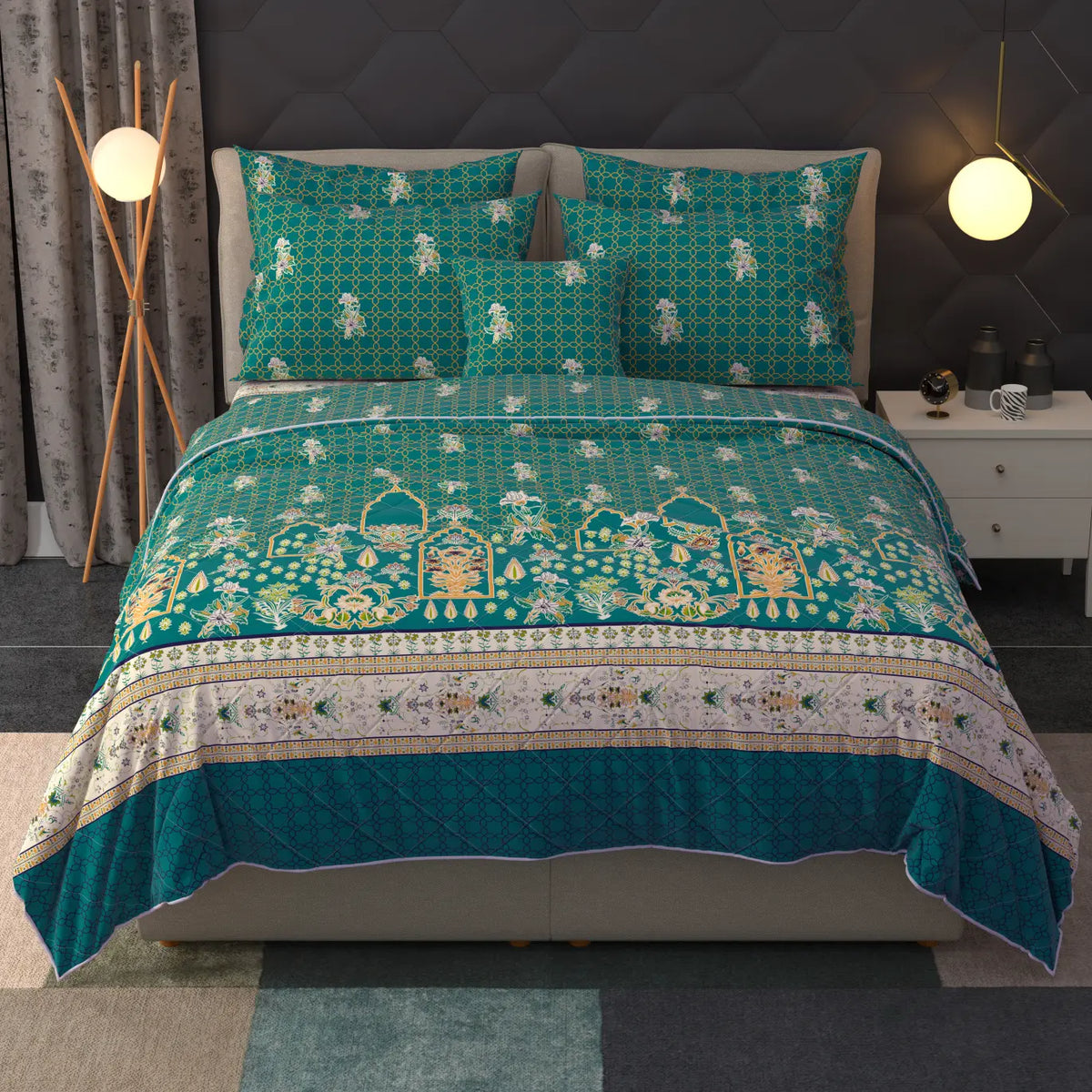 Deep Teal Floral & Geometric Motif Summer Comforter
