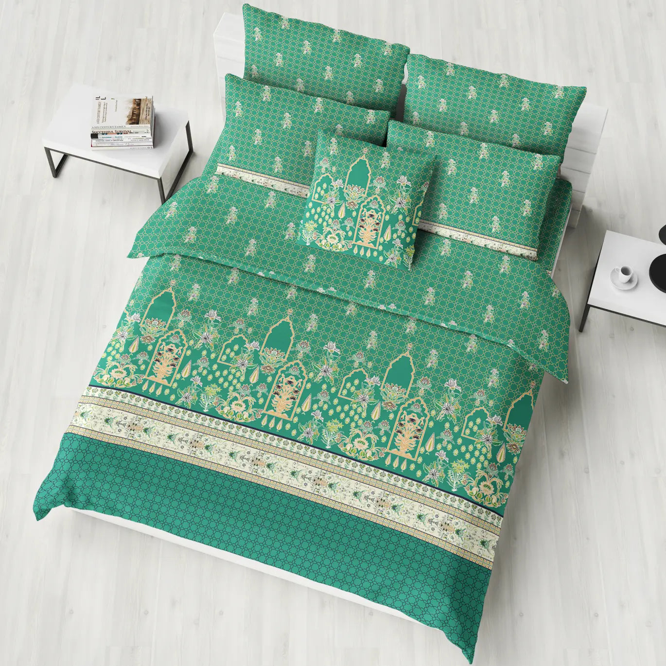 Deep Teal Floral & Geometric Motifs Winter Comforter
