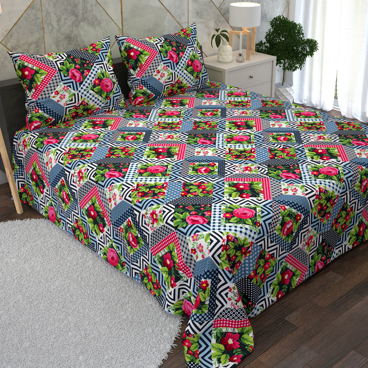 Patchwork Print Designs 3 Piece Bedsheet Set