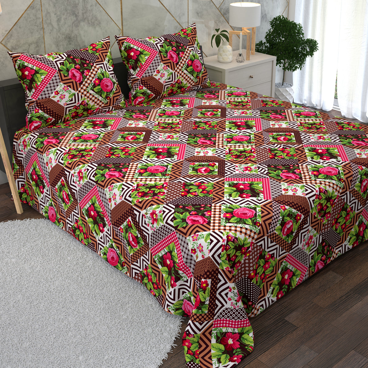 Brown Patchwork Print Designs 3 Piece Bedsheet Set