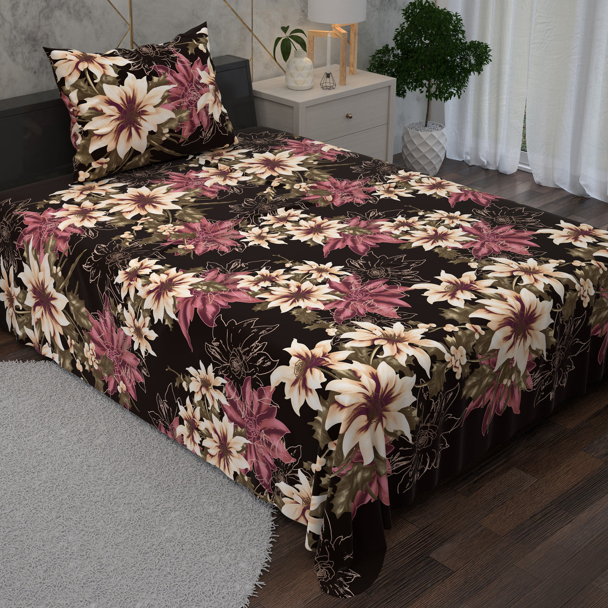 Accented With Pink, Green, And Black Designs 2 Piece Bedsheet Set