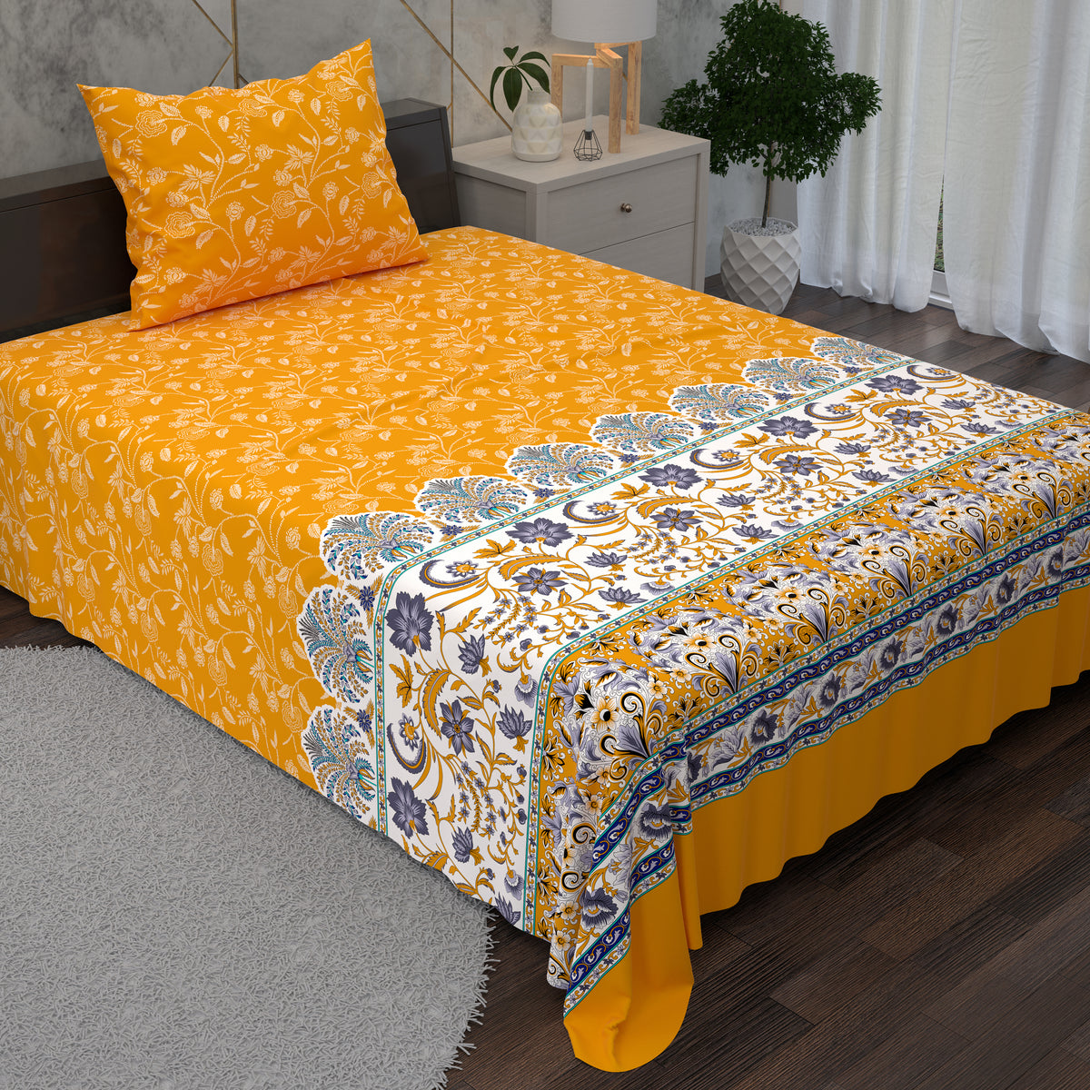 Yellow Floral Designs 2 Piece Bedsheet Set