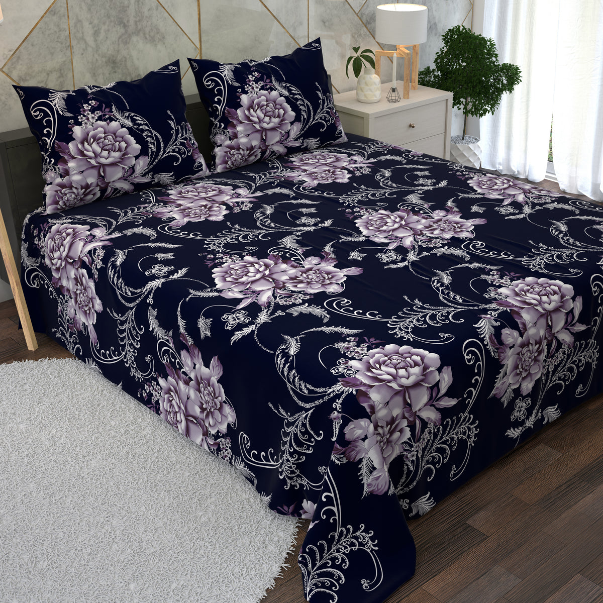 Blue with Marjanda Flower Designs 3 Piece Bedsheet Set