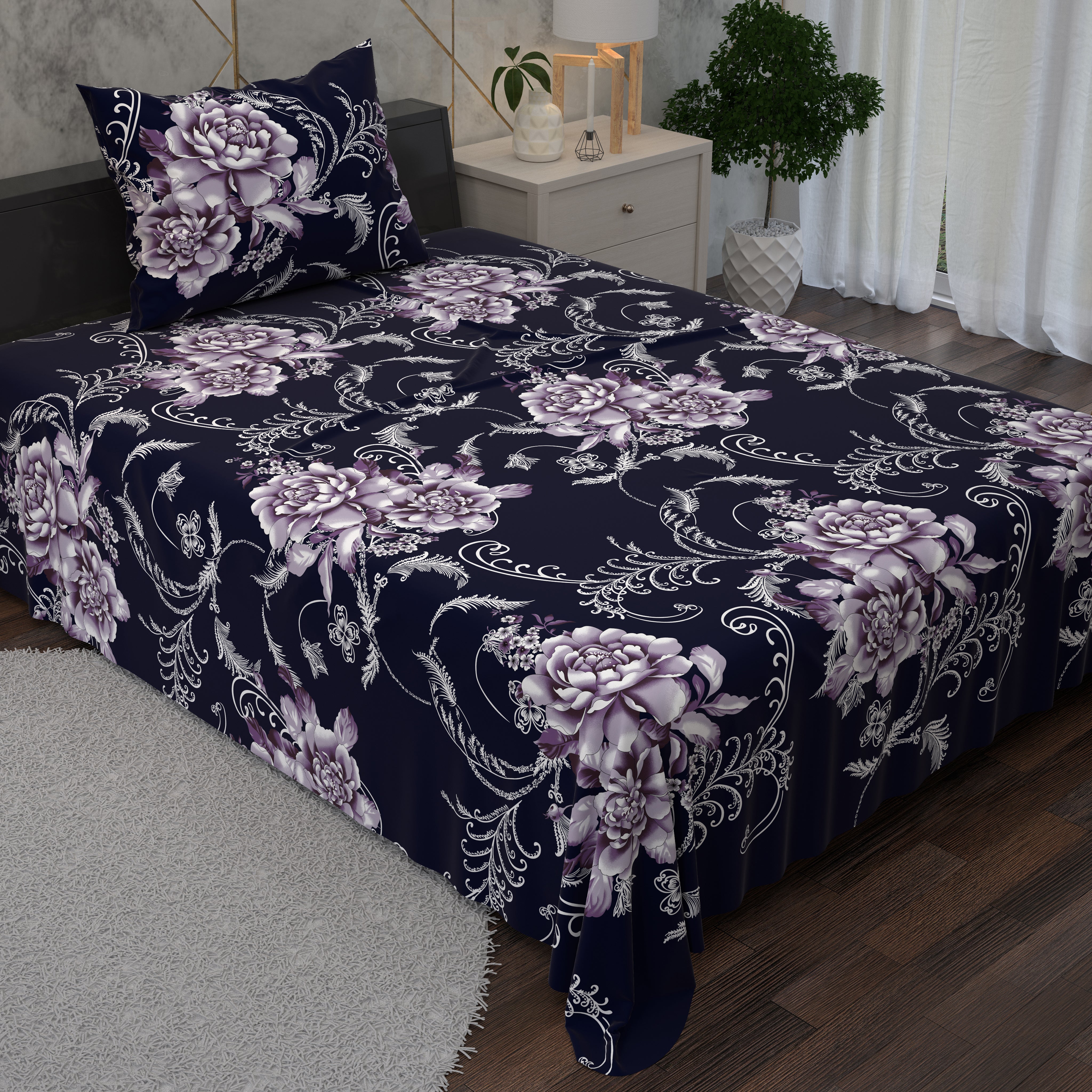 Blue with Marjanda Flower Designs 3 Piece Bedsheet Set