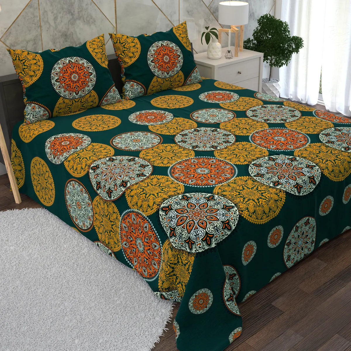Deep Teal Circular Medallions Design Bedsheet Set