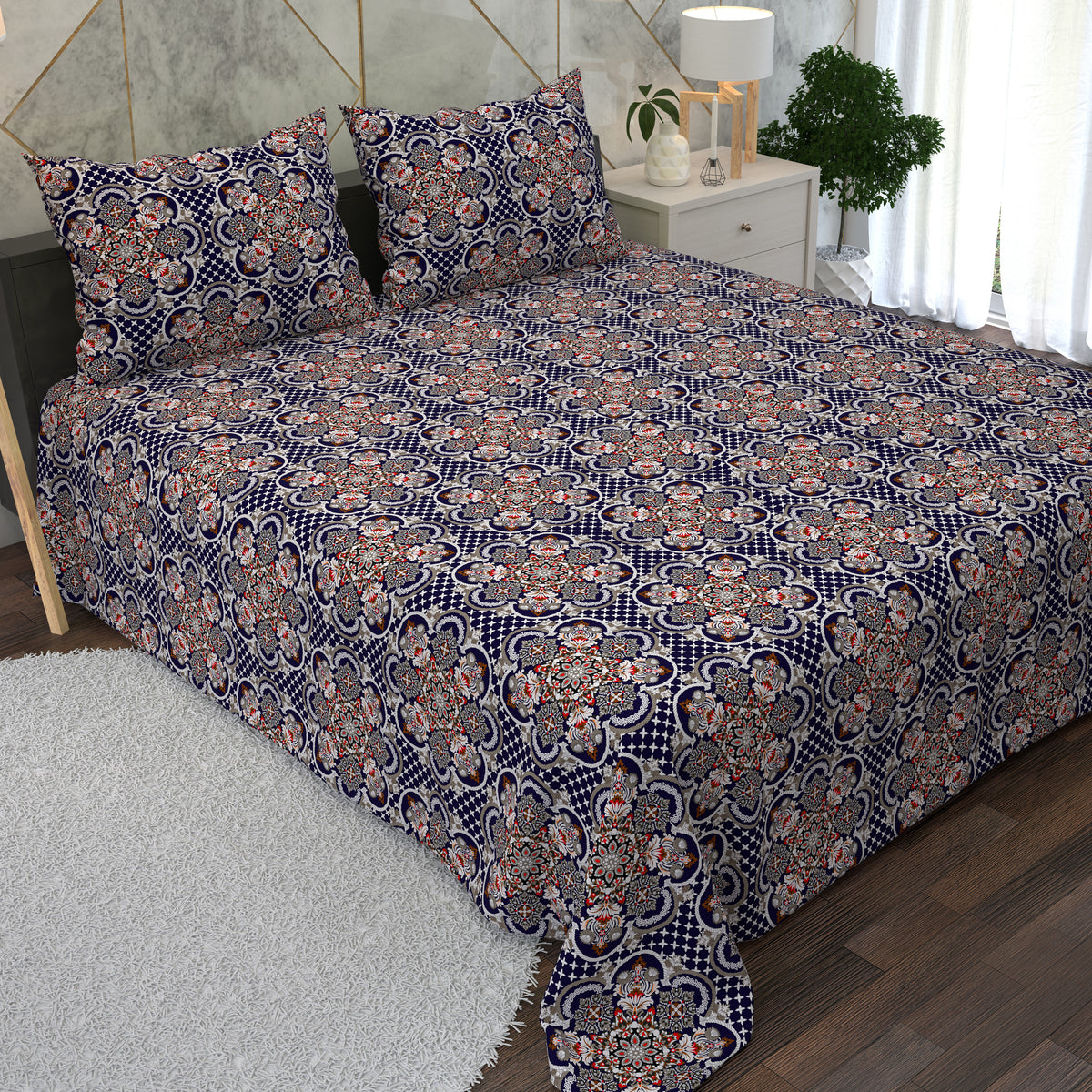 Blue Medallion Pattern Designs 3 Piece Bedsheet Set