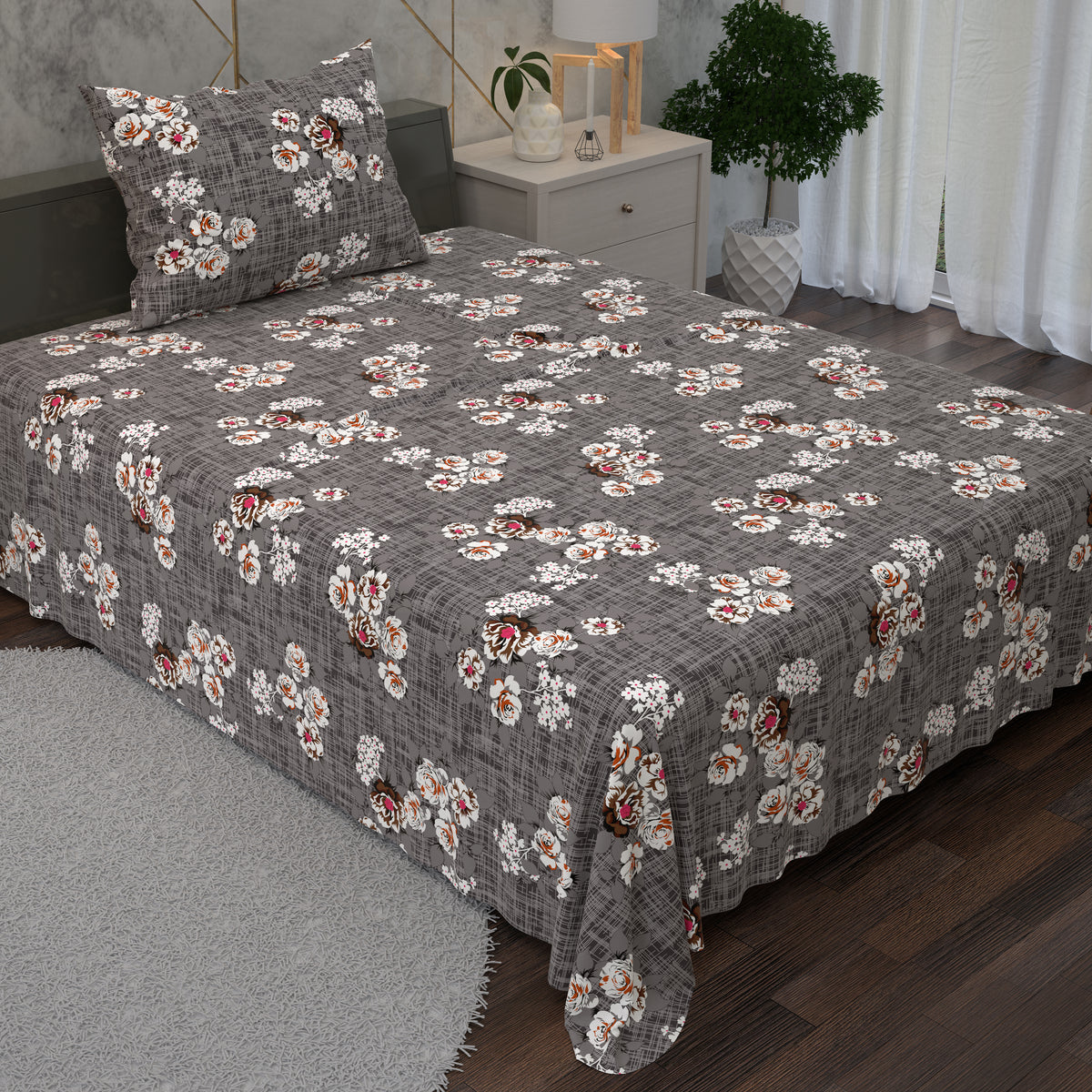 Dark Grey Floral Designs 2 Piece Bedsheet Set