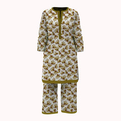 Crisp White Rose Bouquet 2Pcs Unstitched Viscose Lawn Fabric with Yellow, Green & Brown Accents