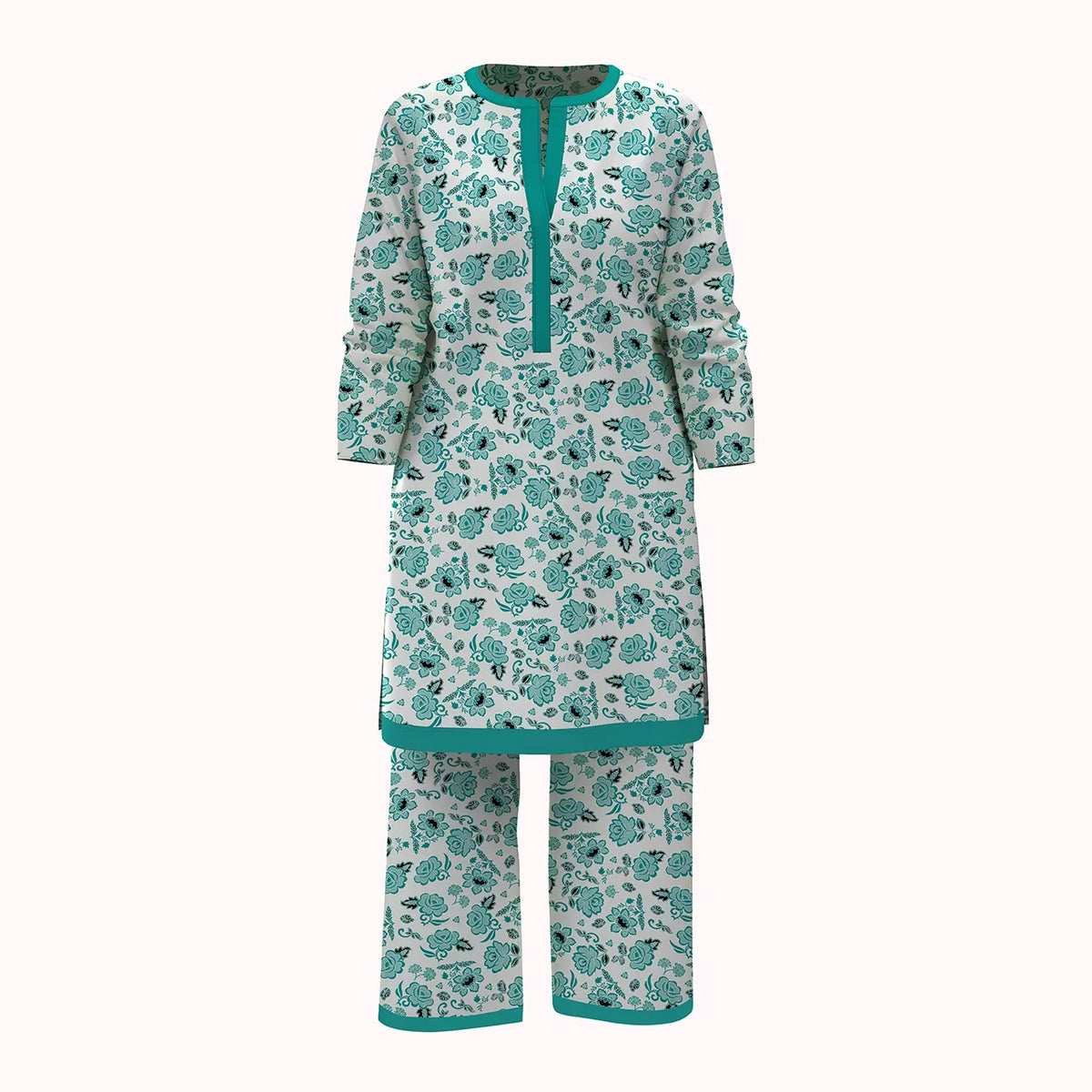 White Stylized Floral Motifs 2Pcs Unstitched Swiss Lawn Fabric with Teal & Turquoise Accents