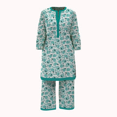 White Stylized Floral Motifs 2Pcs Unstitched Swiss Lawn Fabric with Teal & Turquoise Accents