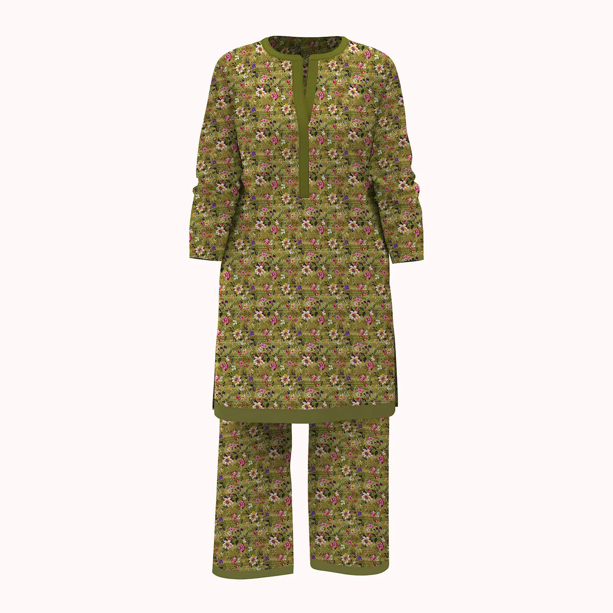 Green Floral Bouquet & Geometric Hexagon 2Pcs Unstitched Viscose Lawn Fabric
