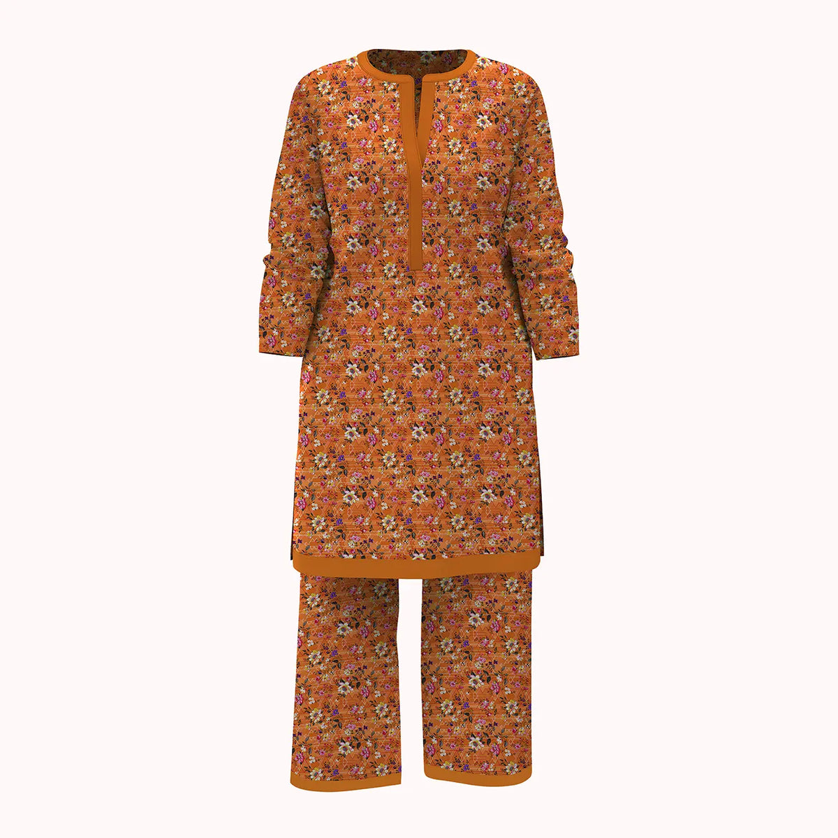 Orange Floral & Geometric Pattern 2Pcs Unstitched Viscose Lawn Fabric