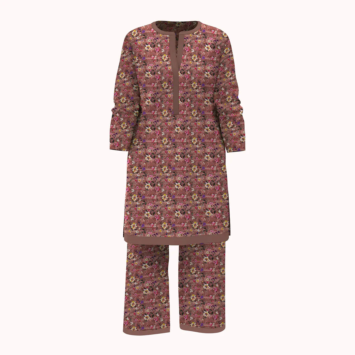 Brown Floral Bouquet & Geometric Triangle 2Pcs Unstitched Viscose Lawn Fabric