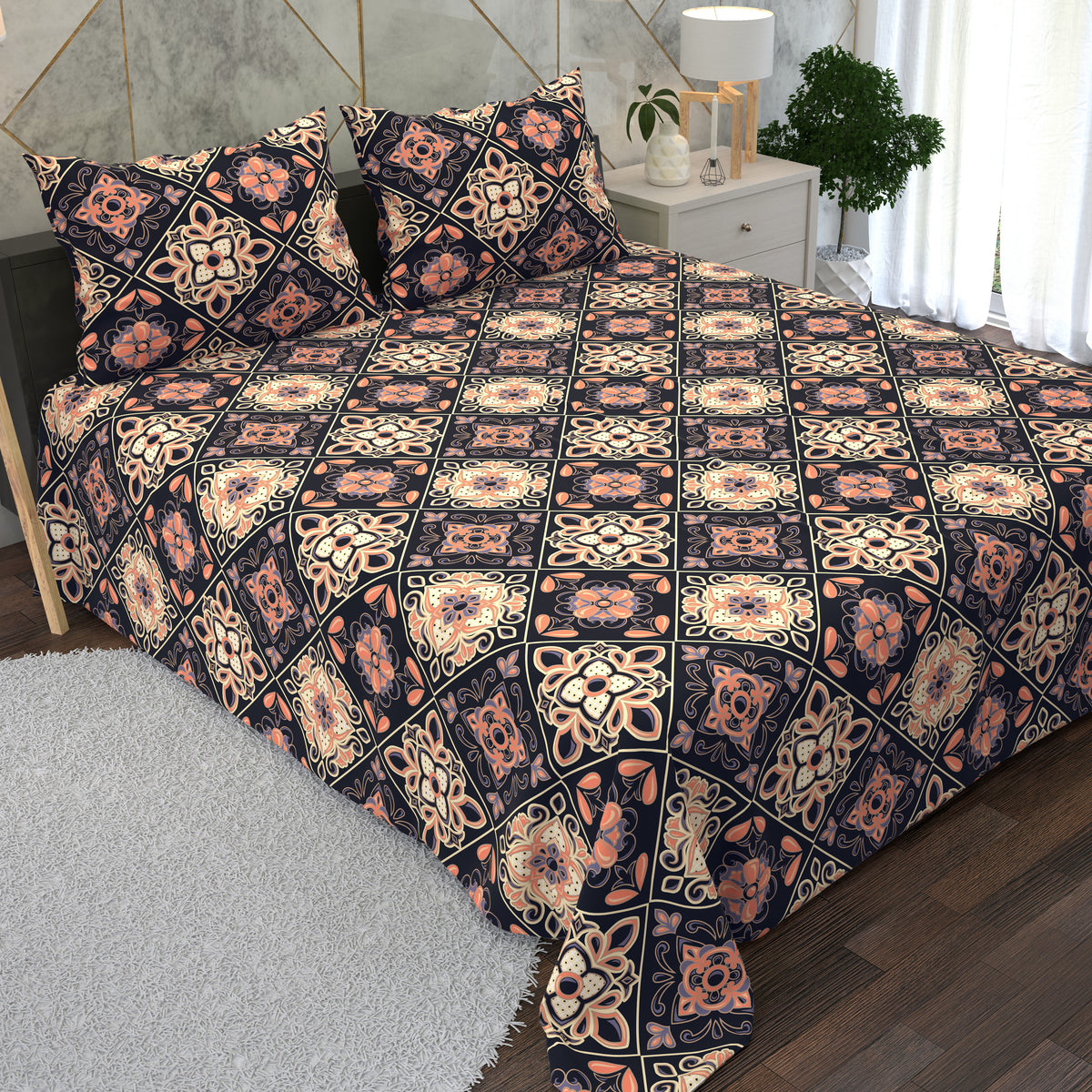 Geometric Pattern Black, Peach, And Cream Designs 3 Piece Bedsheet Set