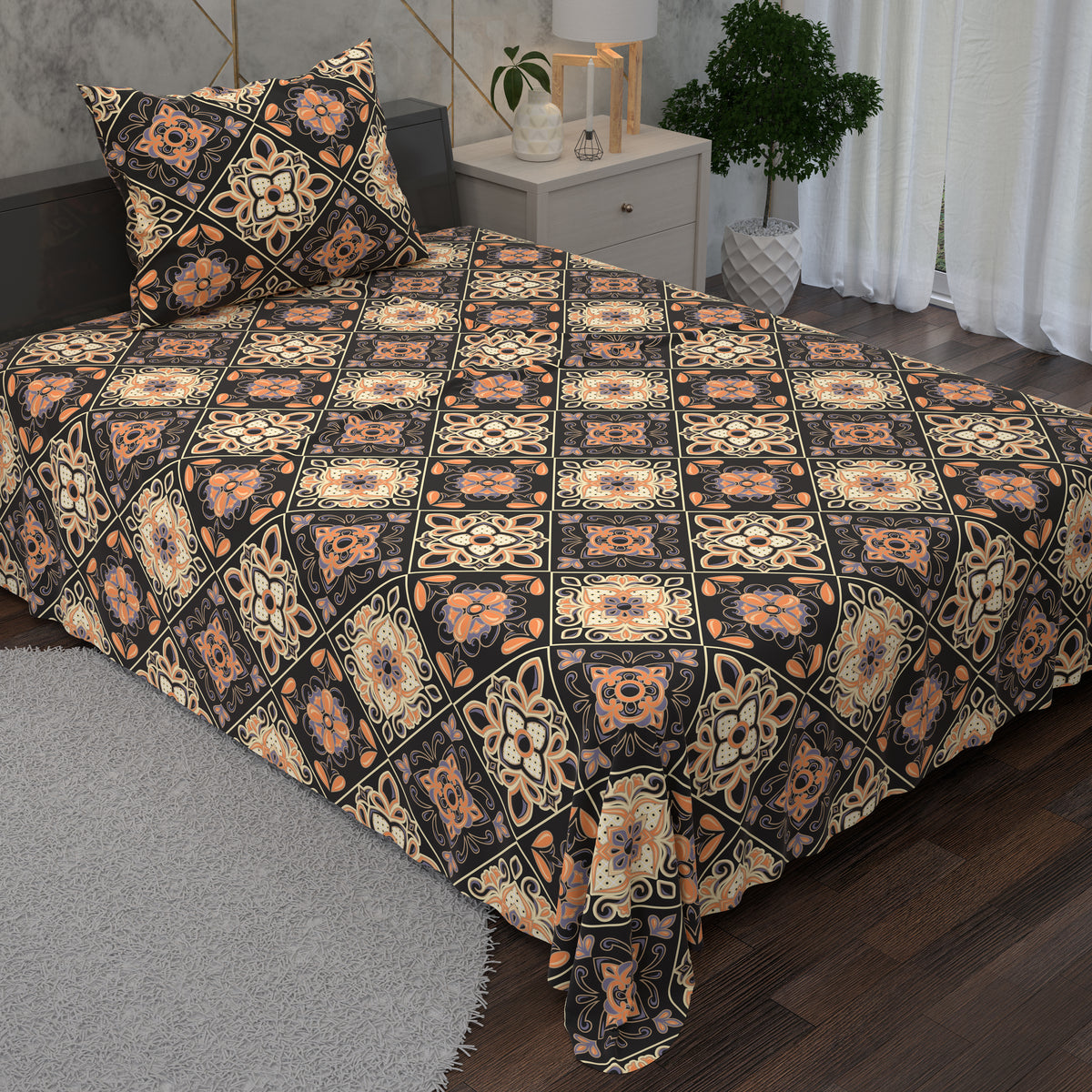 Geometric Pattern Black, Peach, And Cream Designs 2 Piece Bedsheet Set