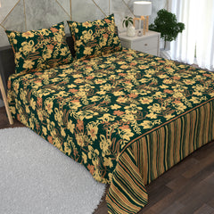 Green Base Floral Designs 3 Piece Bedsheet Set