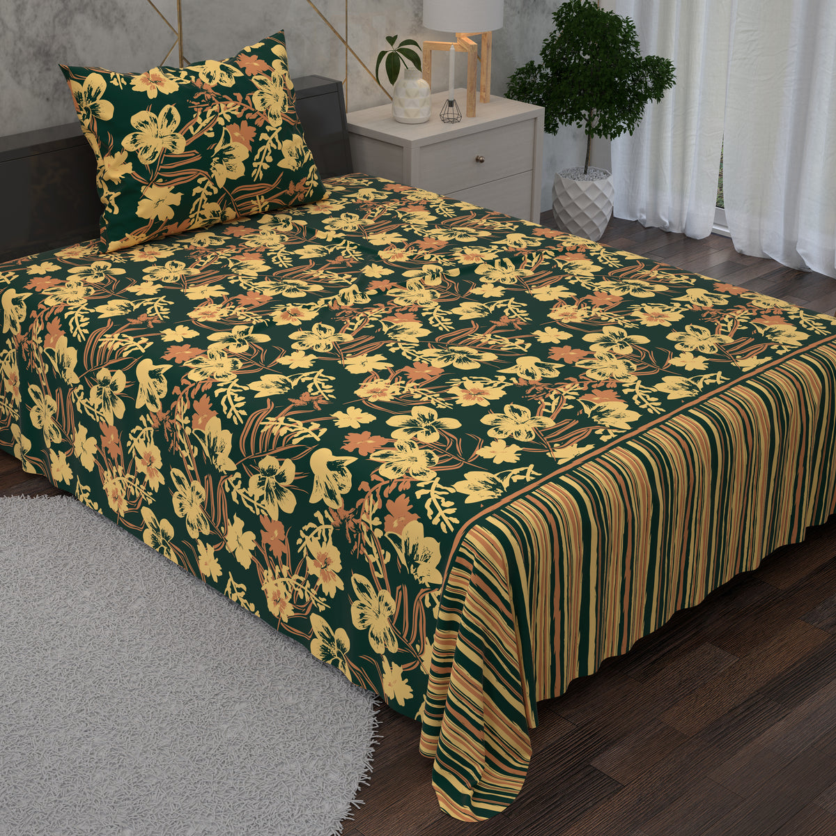 Green Base Floral Designs 2 Piece Bedsheet Set