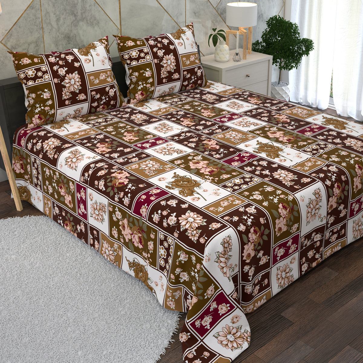 Flowers In Box Designs 3 Piece Bedsheet Set