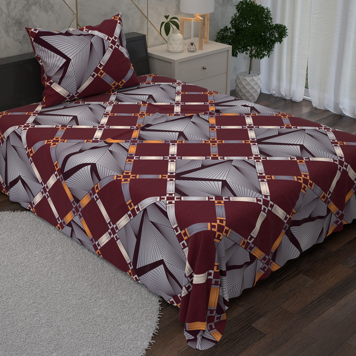 Maroon And Grey Geometric Grid Designs 2 Piece Bedsheet Set