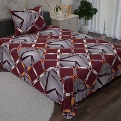 Maroon And Grey Geometric Grid Designs 2 Piece Bedsheet Set