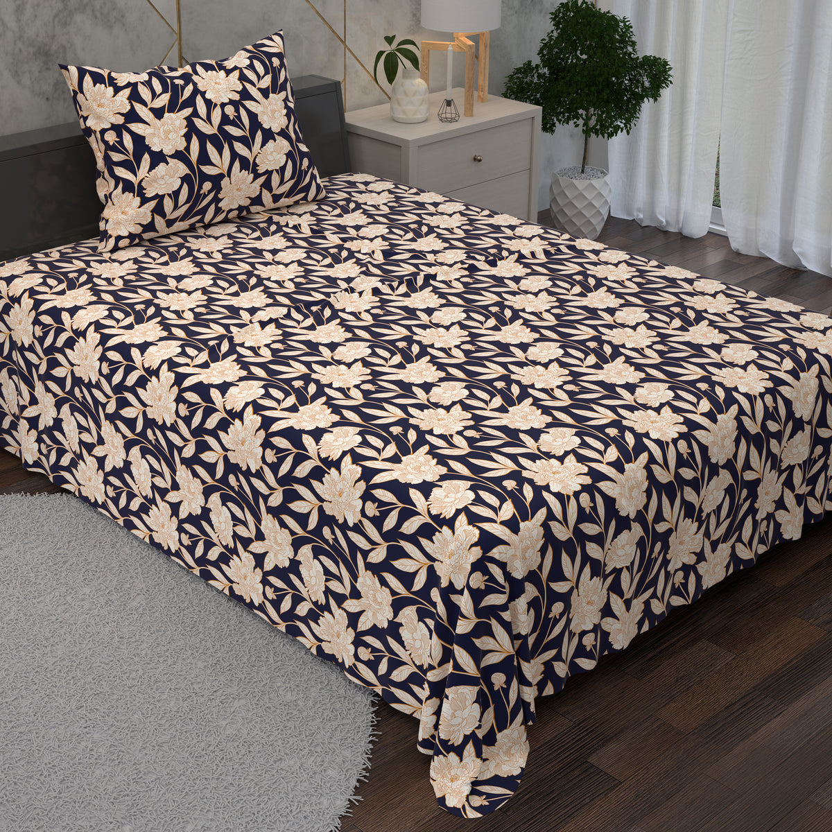 Navy Blue All-Over Floral Pattern 2 Piece Bedsheet Set