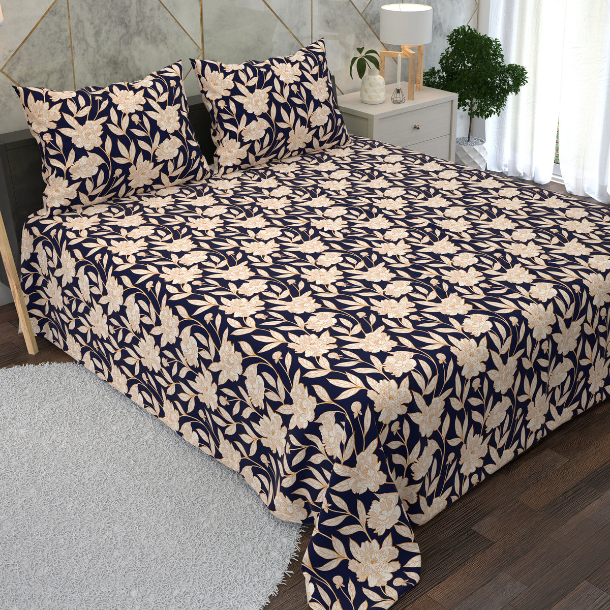 Navy Blue All-Over Floral Pattern 3 Piece Bedsheet Set